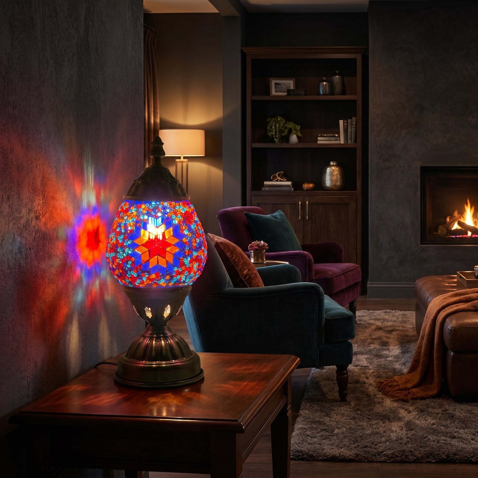 Mosaic Desk Lamps with Hot Blue colors mosaic glass table lamp — glowing in a warm, dimly-lit evening room