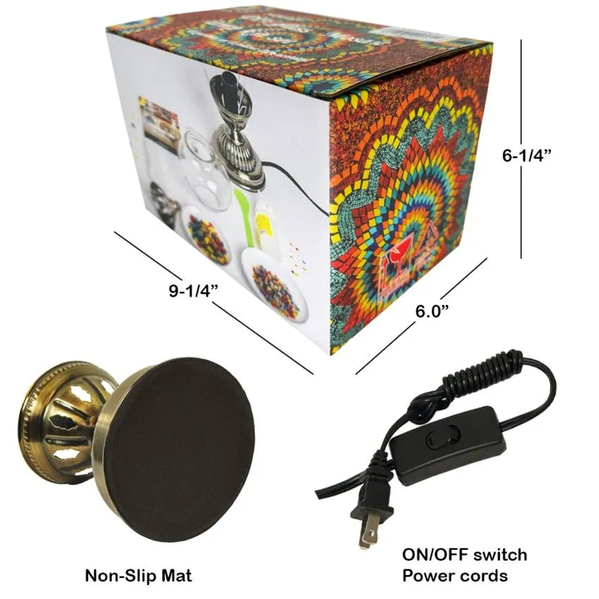 DIY Turkish Mosaic Lamp Set - Red Petal Flower Pattern on Round Ball Table Lamp — what's in the box, with dimensions