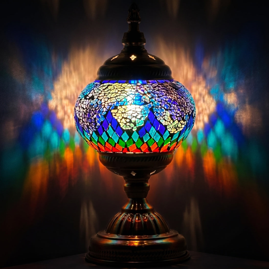 Mosaic Lamp with Blue Rainbow colors mosaic glass table lamp — glowing against a deep charcoal background