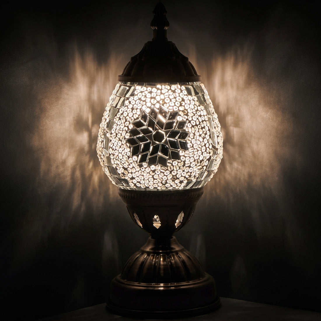 Mosaic Night Lamp with Silver Moon mosaic glass table lamp — glowing against a deep charcoal background