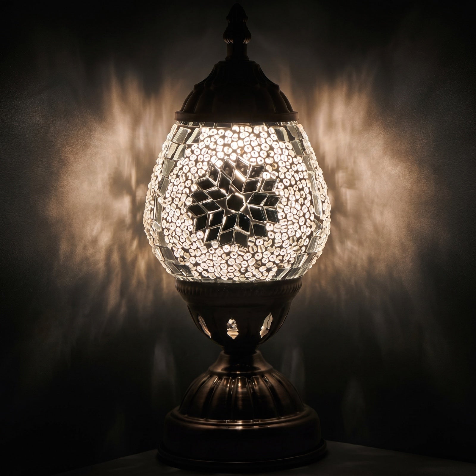 Mosaic Night Lamp with Silver Moon mosaic glass table lamp — glowing against a deep charcoal background