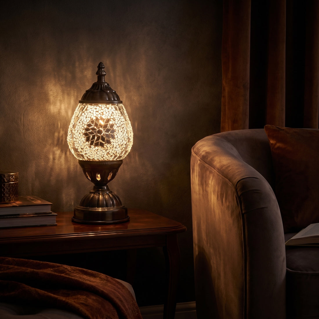Mosaic Night Lamp with Silver Moon mosaic glass table lamp — glowing against a deep charcoal background