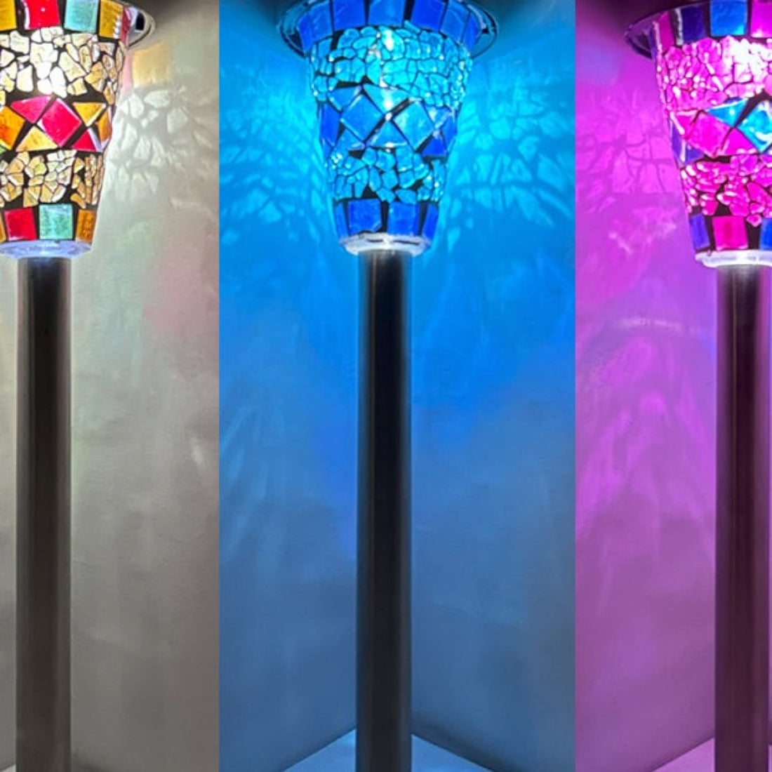 Mosaic Solar Lights for Home Gardens and Backyards with 3 Mix Colors mosaic glass table lamp — glowing against a deep charcoal background