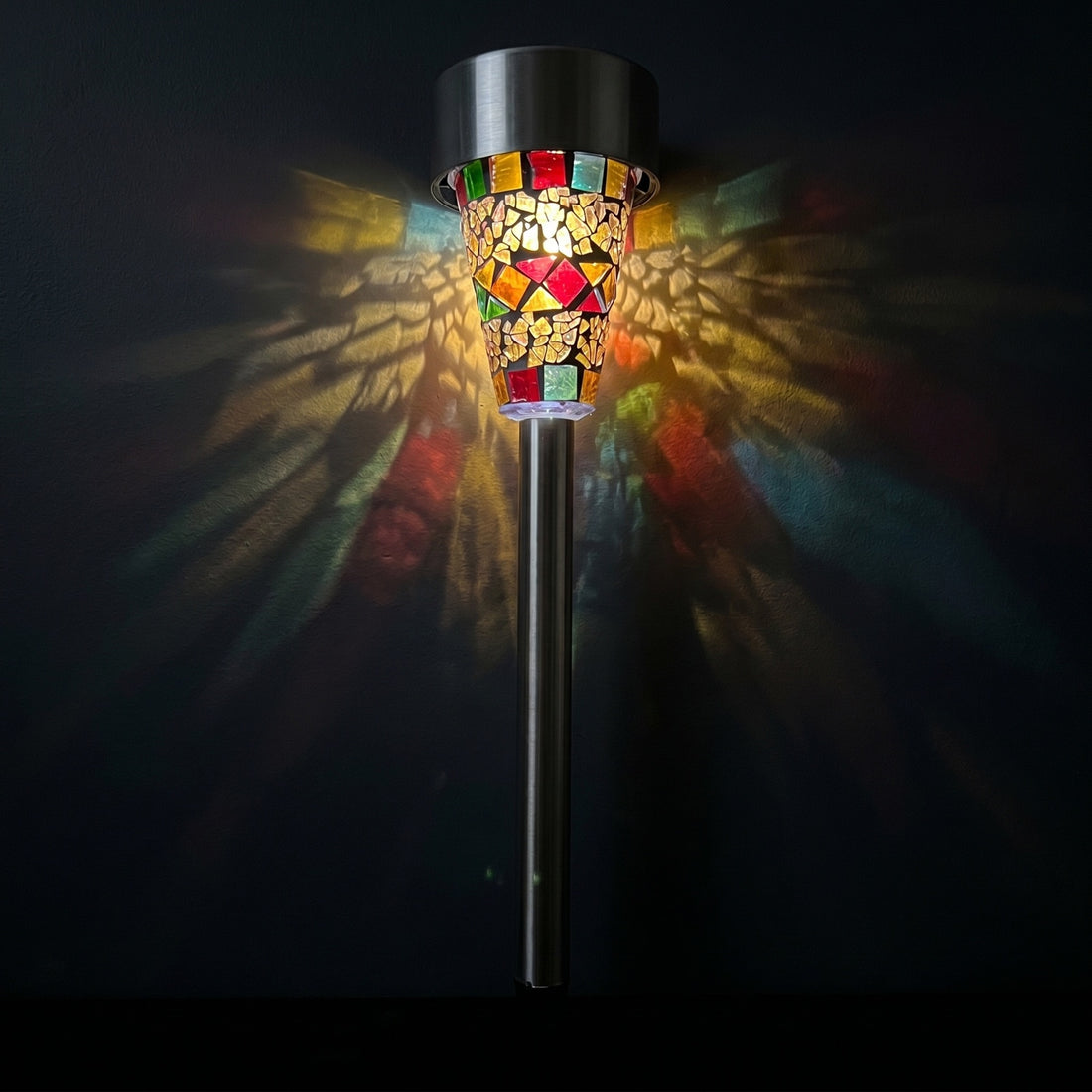 Mosaic Solar Lights for Home Gardens and Backyards with 3 Mix Colors mosaic glass table lamp — glowing against a deep charcoal background