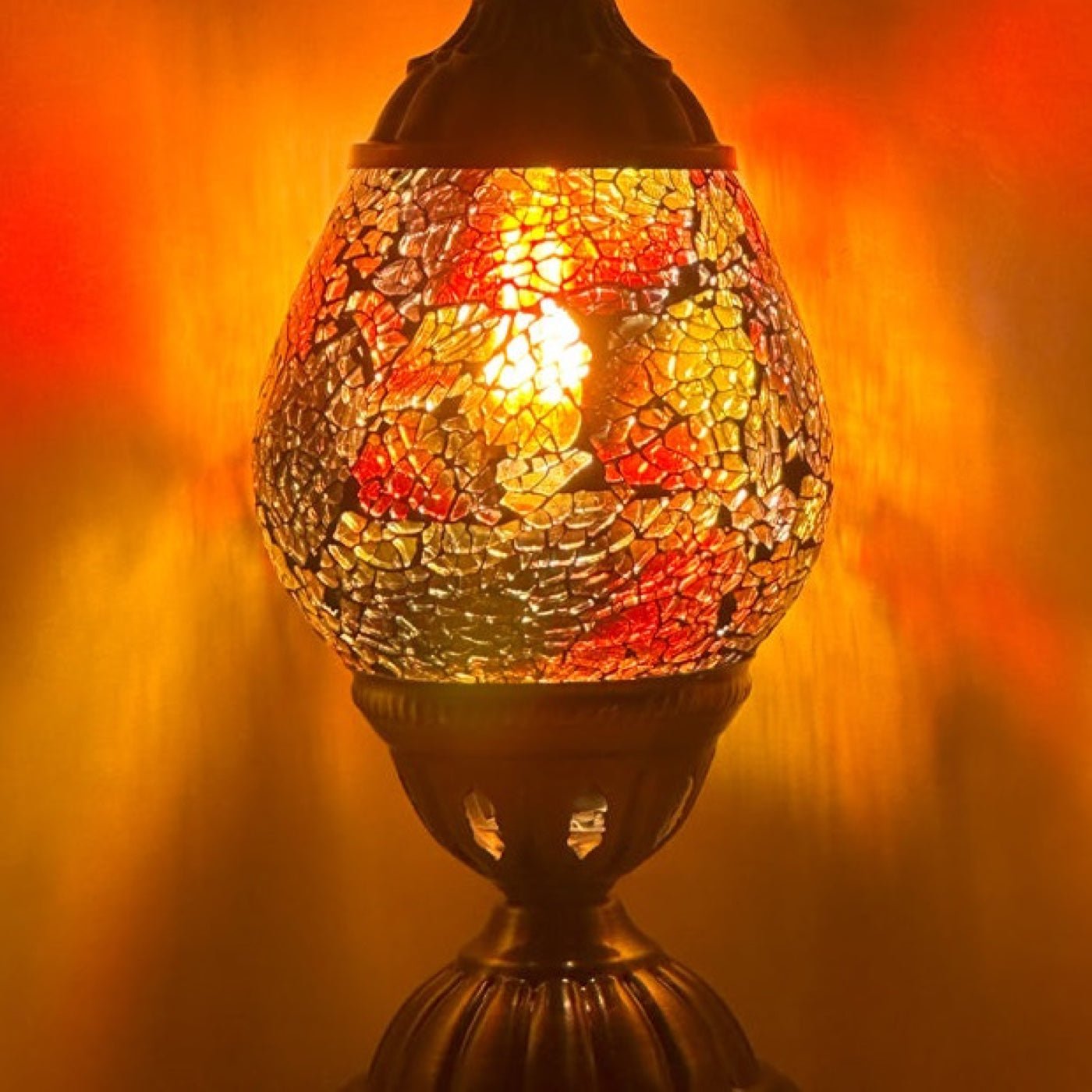 Mosaic Table Lamps with Cosmic Golden colors mosaic glass table lamp — close-up of the hand-cut mosaic glass