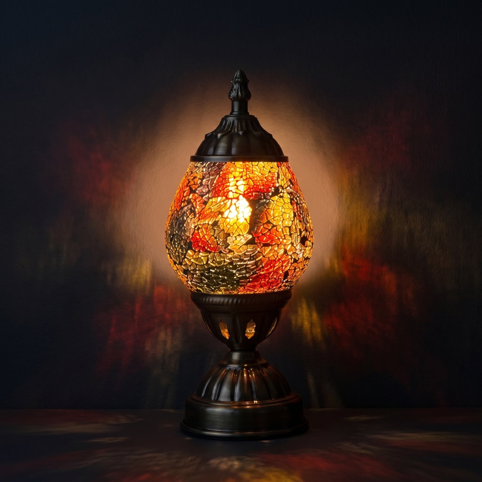 Mosaic Table Lamps with Cosmic Golden colors mosaic glass table lamp — glowing against a deep charcoal background