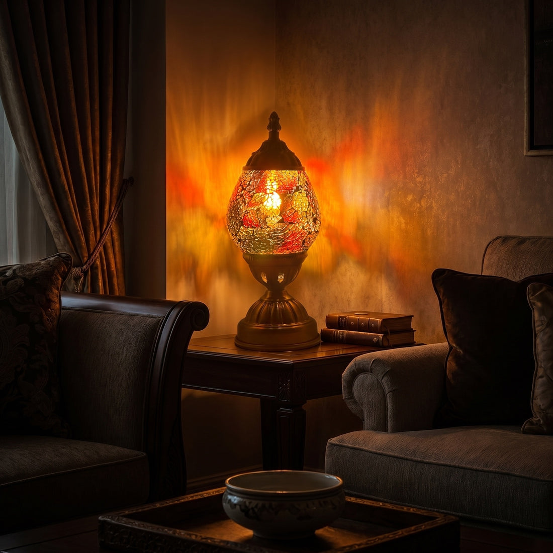 Mosaic Table Lamps with Cosmic Golden colors mosaic glass table lamp — glowing against a deep charcoal background