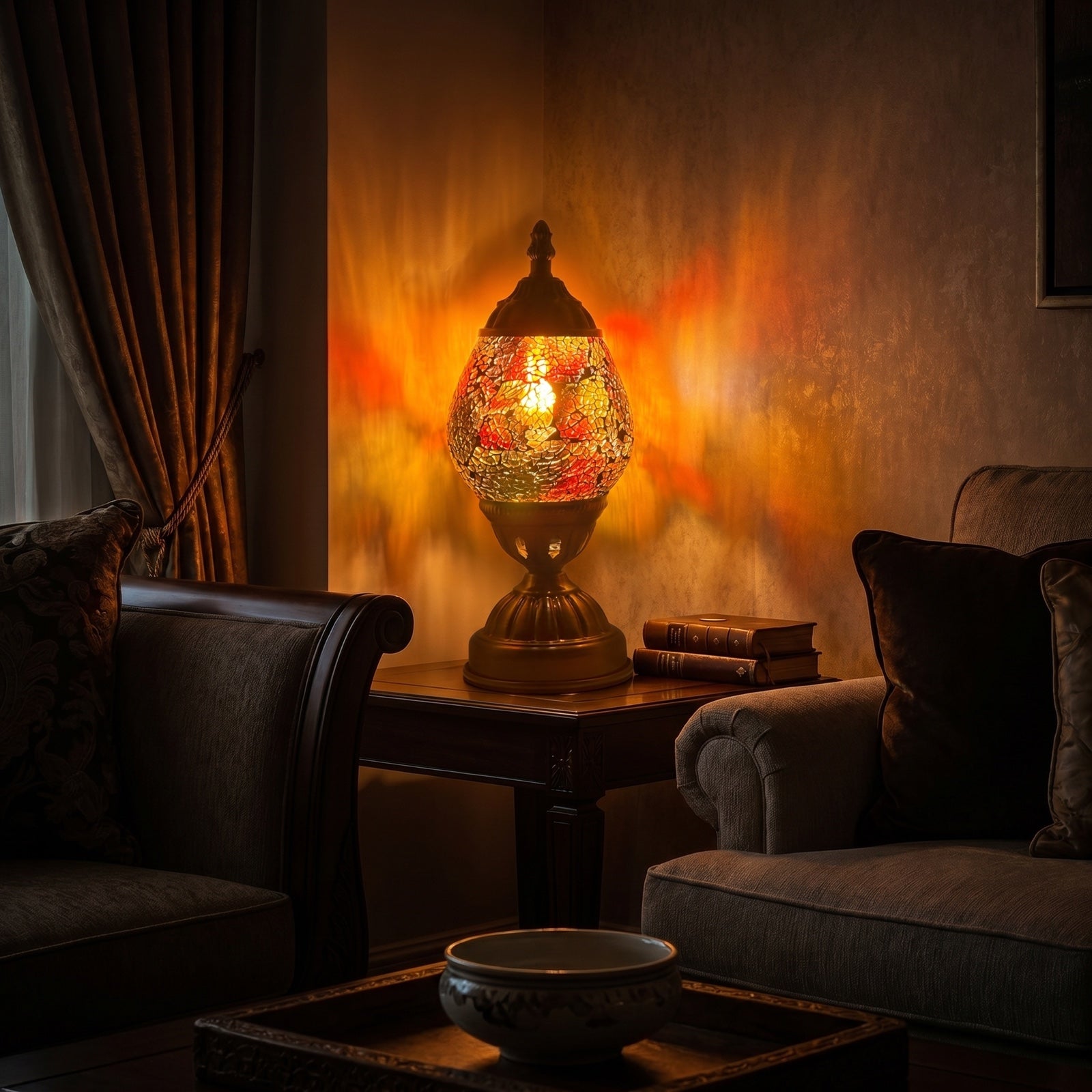 Mosaic Table Lamps with Cosmic Golden colors mosaic glass table lamp — glowing in a warm, dimly-lit evening room