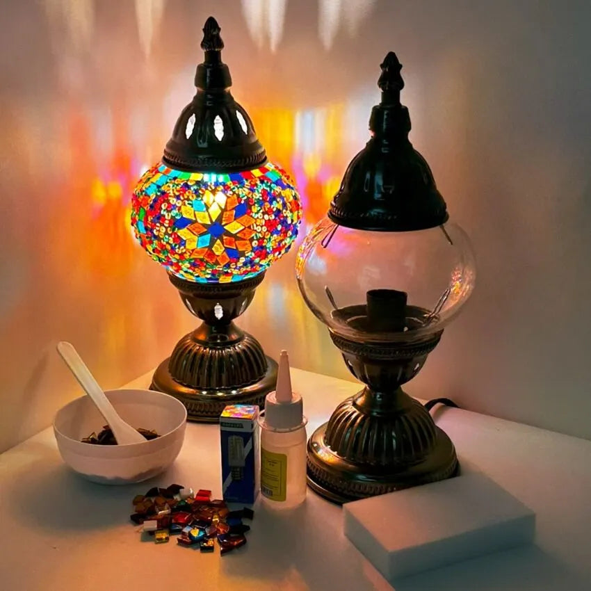 DIY Mosaic Lamp Set - Colorful Star Pattern on Round Ball Table Lamp — the finished lamp beside the unassembled kit