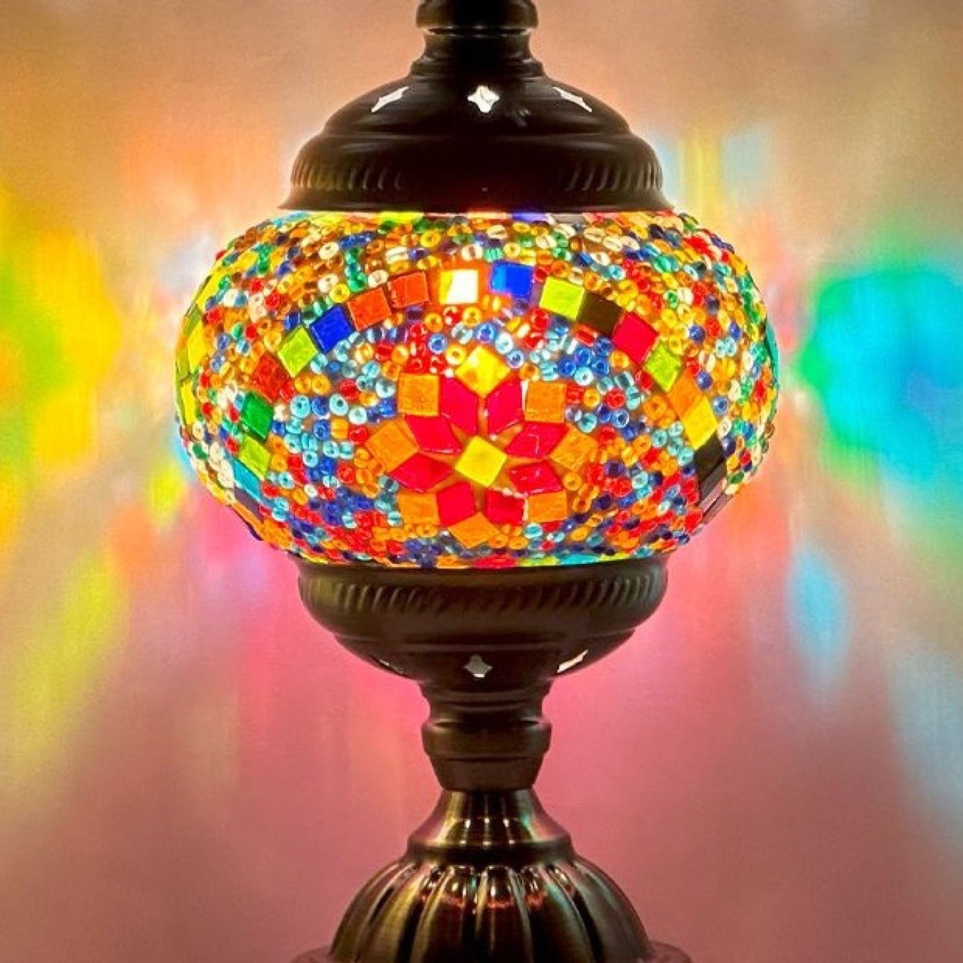 Multicolored Blossom mosaic glass table lamp — close-up of the hand-cut mosaic glass