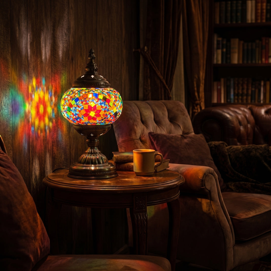 Multicolored Blossom mosaic glass table lamp — glowing against a deep charcoal background