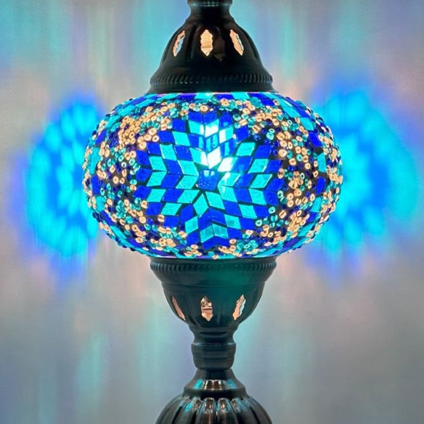 Mystic Midnight Blue Turkish Lamp with Mosaic Glass Art mosaic glass table lamp — close-up of the hand-cut mosaic glass