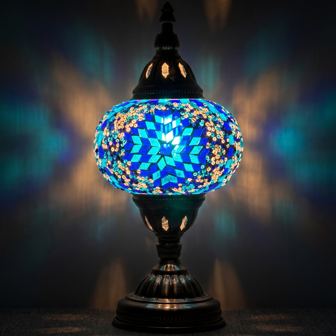 Mystic Midnight Blue Turkish Lamp with Mosaic Glass Art mosaic glass table lamp — glowing against a deep charcoal background