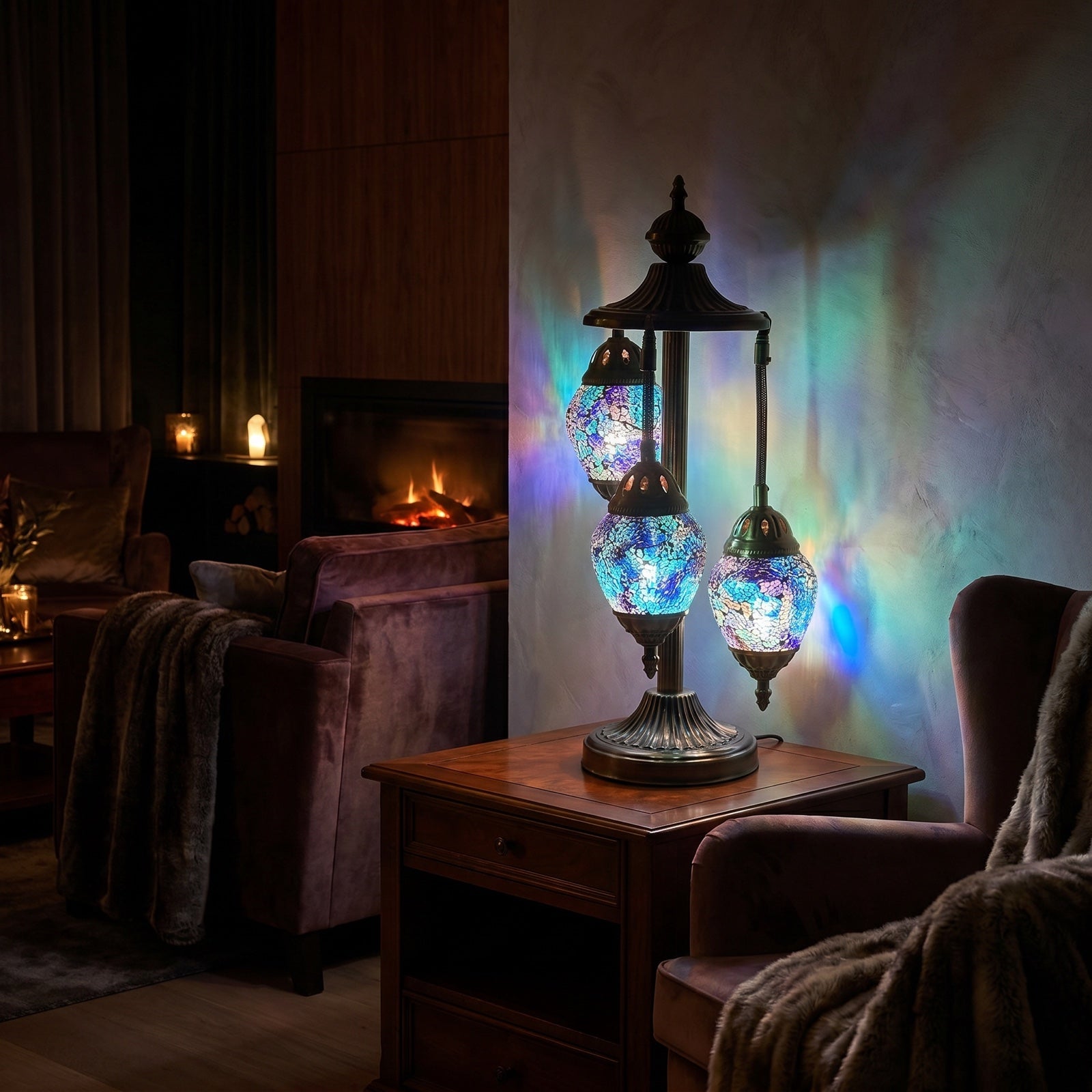 Nautical Navy Blue mosaic glass table lamp — glowing in a warm, dimly-lit evening room