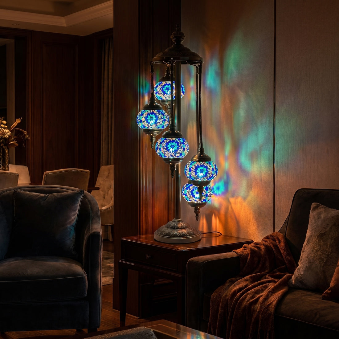 Oceanic Dreams mosaic glass table lamp — glowing against a deep charcoal background