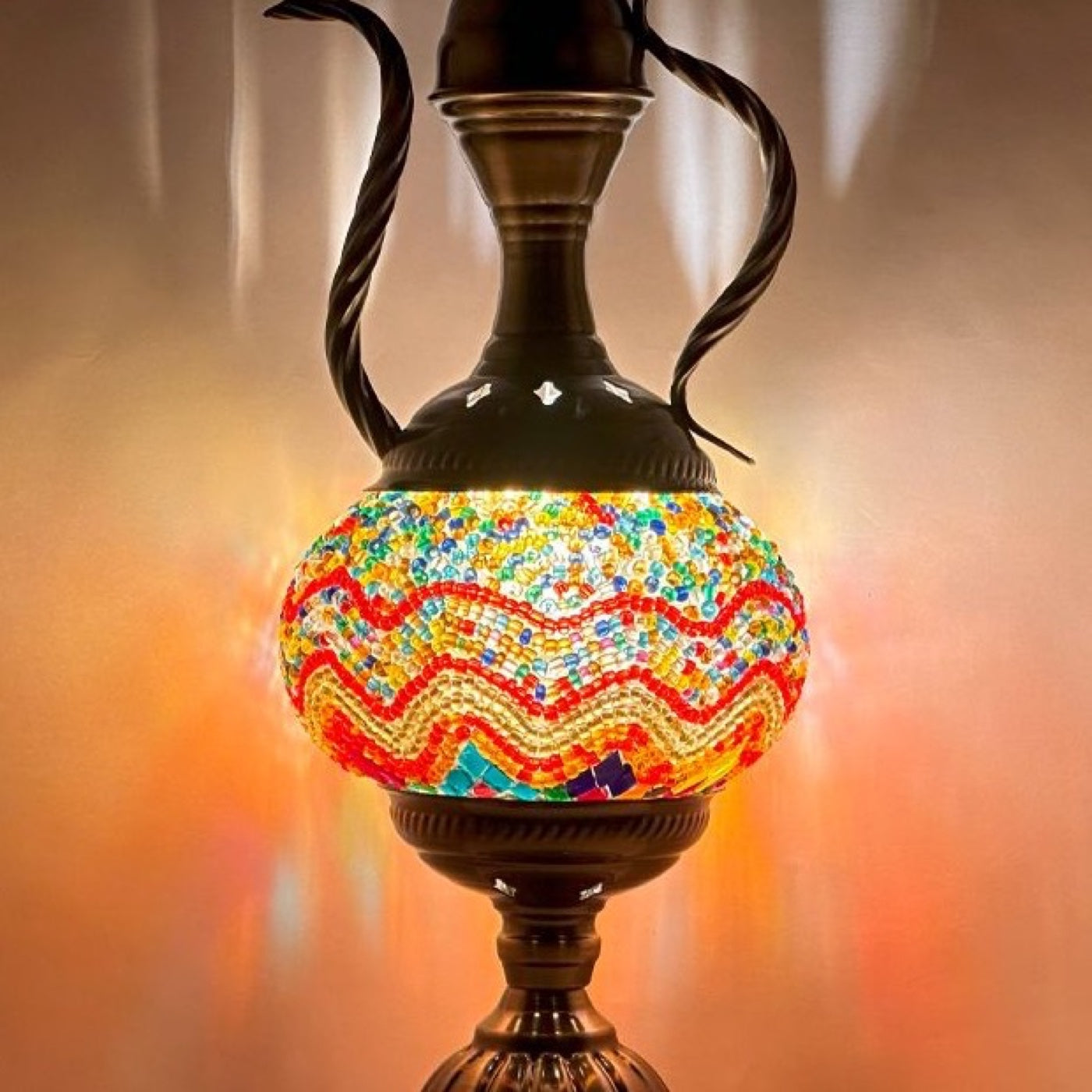 Orange Vintage Lamps with Mosaic Pitcher Style mosaic glass table lamp — close-up of the hand-cut mosaic glass