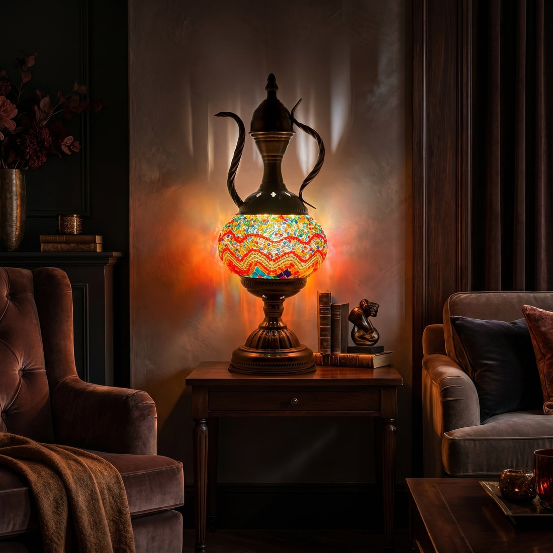 Orange Vintage Lamps with Mosaic Pitcher Style mosaic glass table lamp — glowing against a deep charcoal background