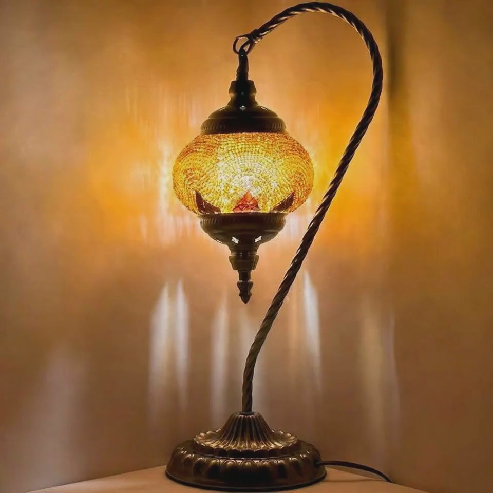 360-degree view of the Warm Light Orange Swan Neck Handcrafted Turkish Mosaic Lamp mosaic glass table lamp