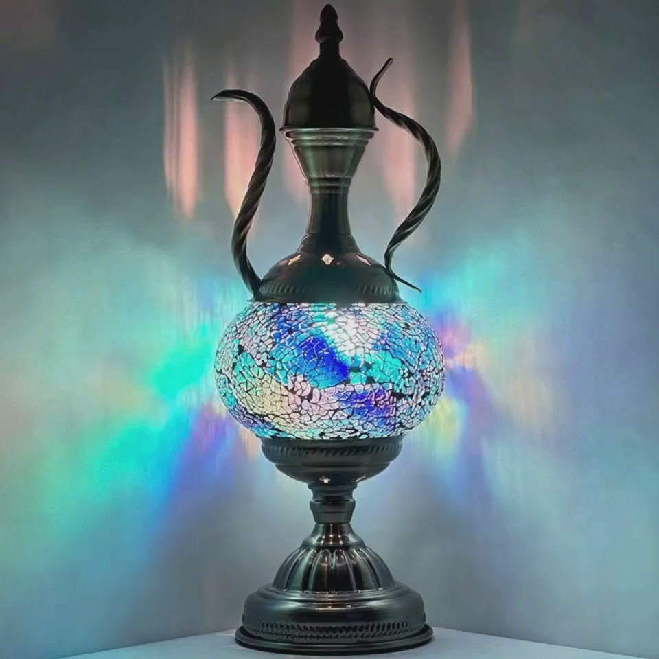 360-degree view of the Unique Blue Turkish Mosaic Lamp with Pitcher Motif mosaic glass table lamp