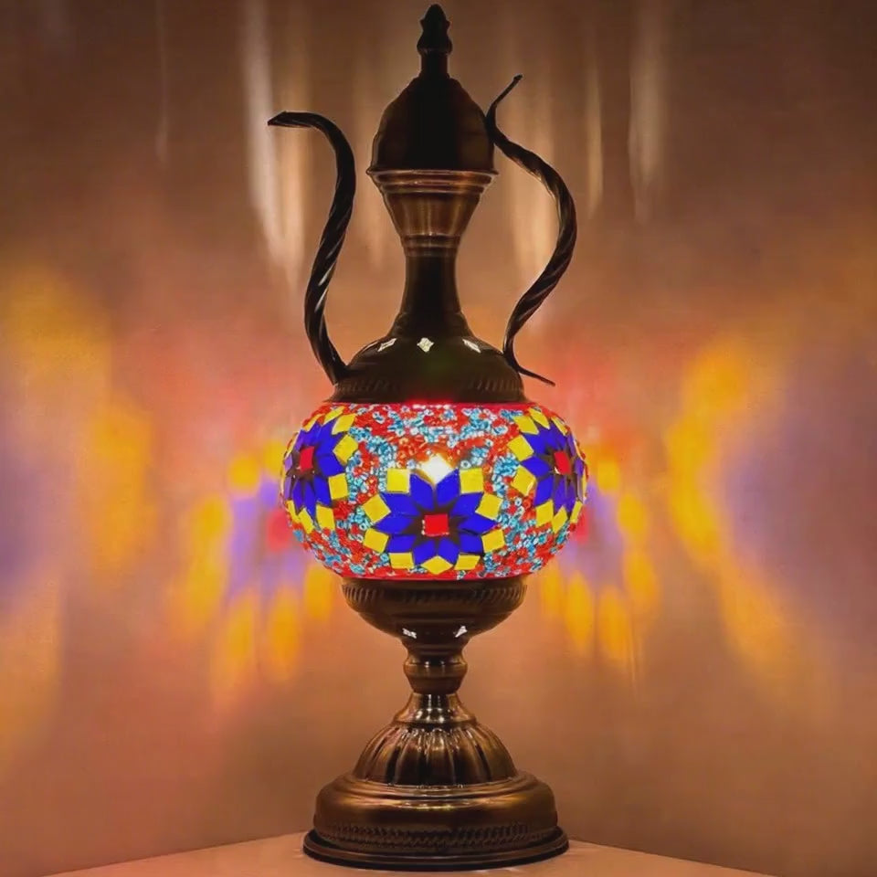 360-degree view of the Vivid Red Turkish Lamp with Colorful Flowers and Teapot Motif mosaic glass table lamp