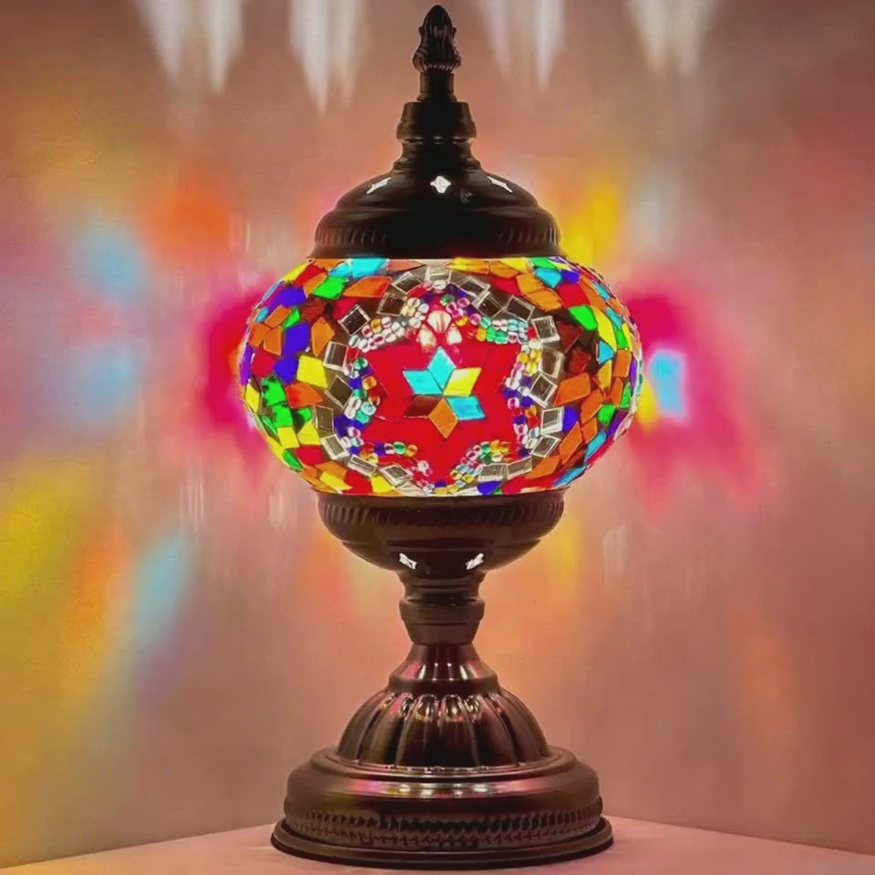 360-degree view of the Crimson Cascade mosaic glass table lamp
