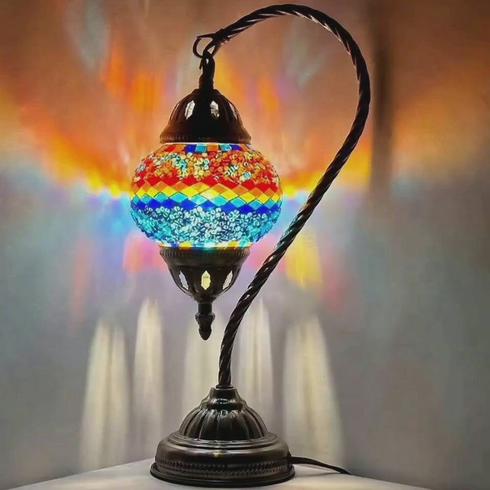 360-degree view of the Iridescent Swan Neck mosaic glass table lamp
