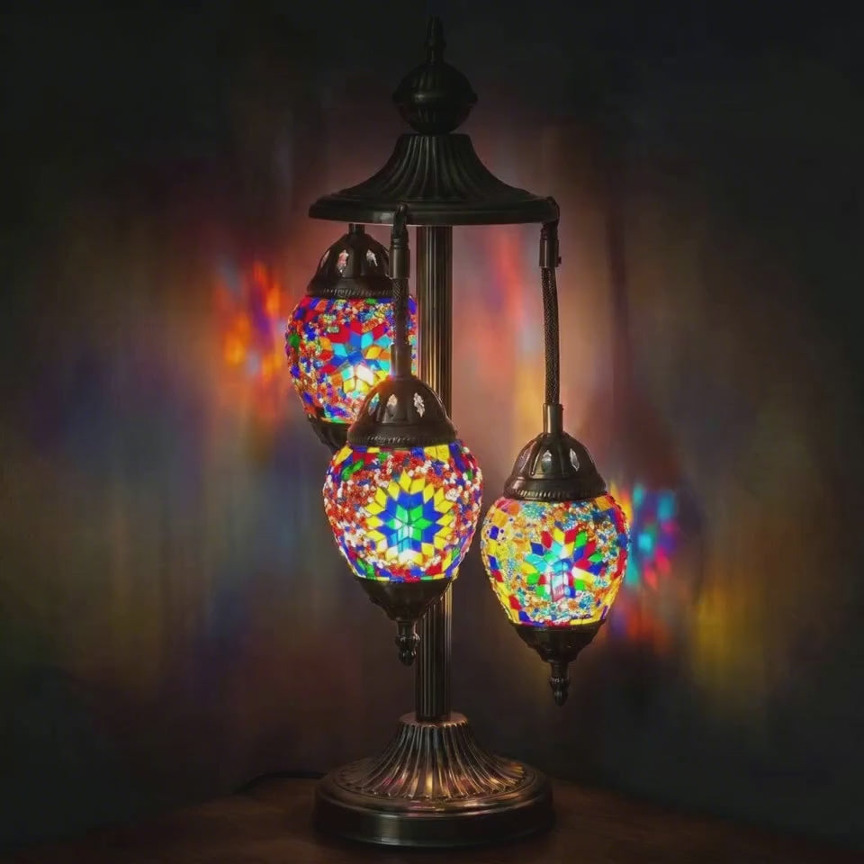 360-degree view of a handmade Turkish-style mosaic glass lamp