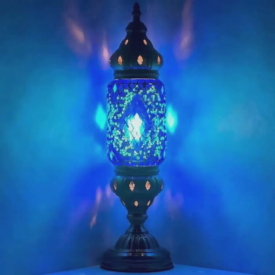 360-degree view of the Turkish Blue Diamond Lamp mosaic glass table lamp