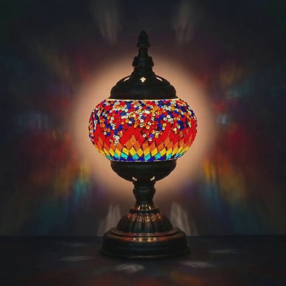 360-degree view of a handmade Turkish-style mosaic glass lamp