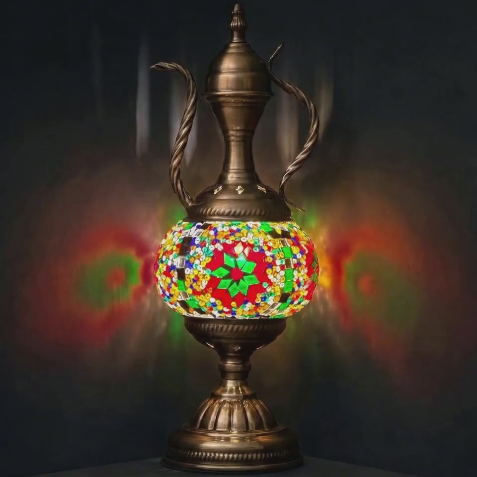 360-degree view of a handmade Turkish-style mosaic glass lamp