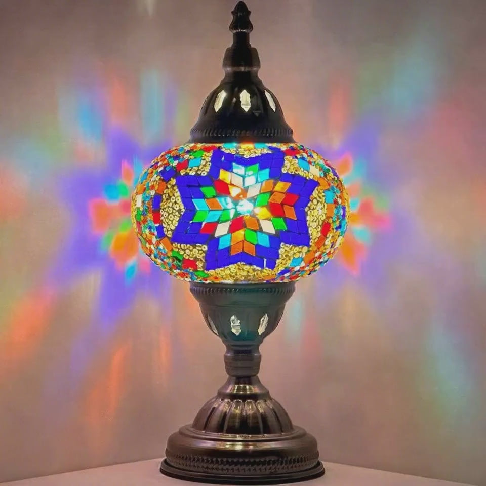 360-degree view of the Moroccan Sunset mosaic glass table lamp