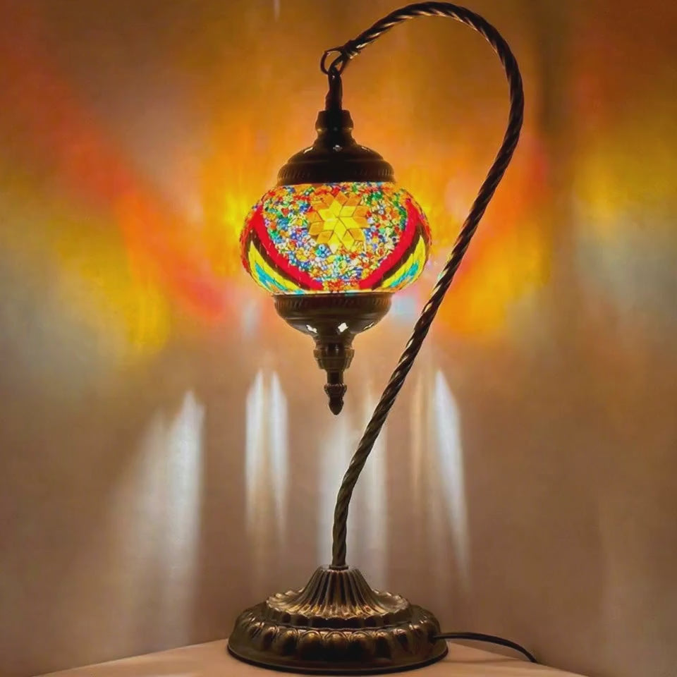360-degree view of the Fiery Waves Swan Neck Handcrafted Mosaic Turkish Lamp mosaic glass table lamp
