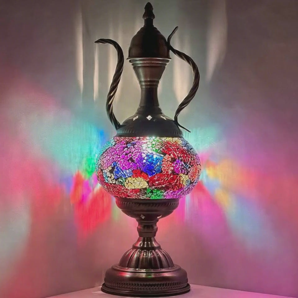 360-degree view of the Diverse Colors Turkish Mosaic Lamp with Pitcher Silhouette mosaic glass table lamp