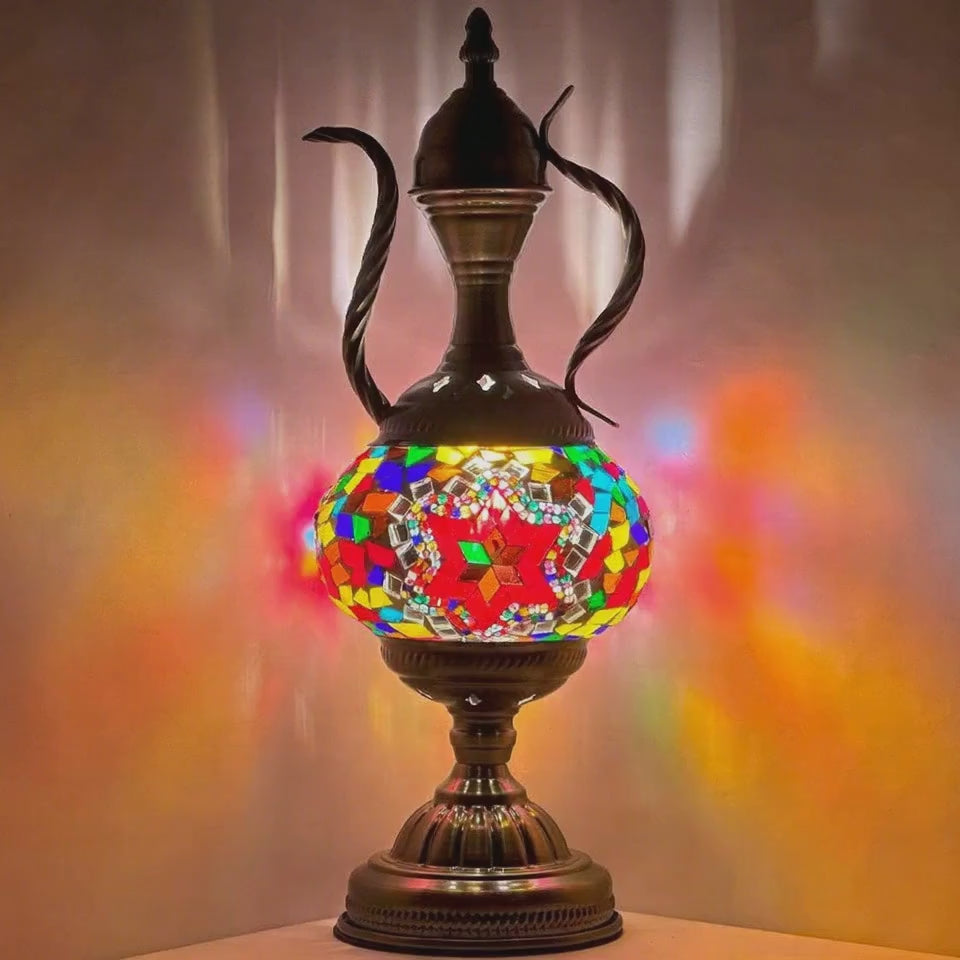 360-degree view of the Crimson Elegance mosaic glass table lamp