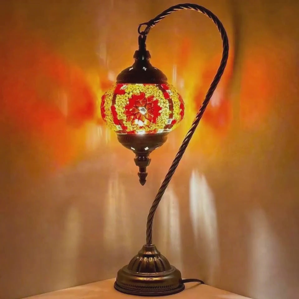 360-degree view of the Vivid Red Floral Swan Neck Handcrafted Turkish Mosaic Lamp mosaic glass table lamp