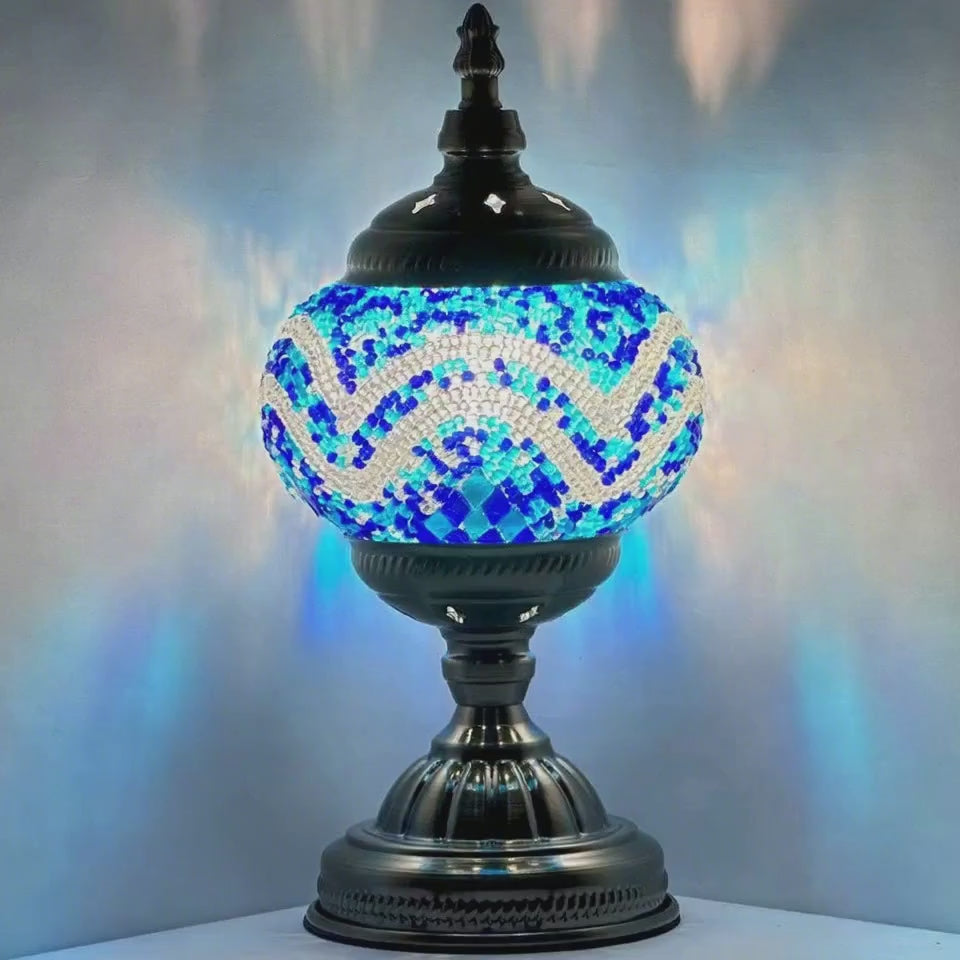 360-degree view of the Deep Ocean blue mosaic glass table lamp