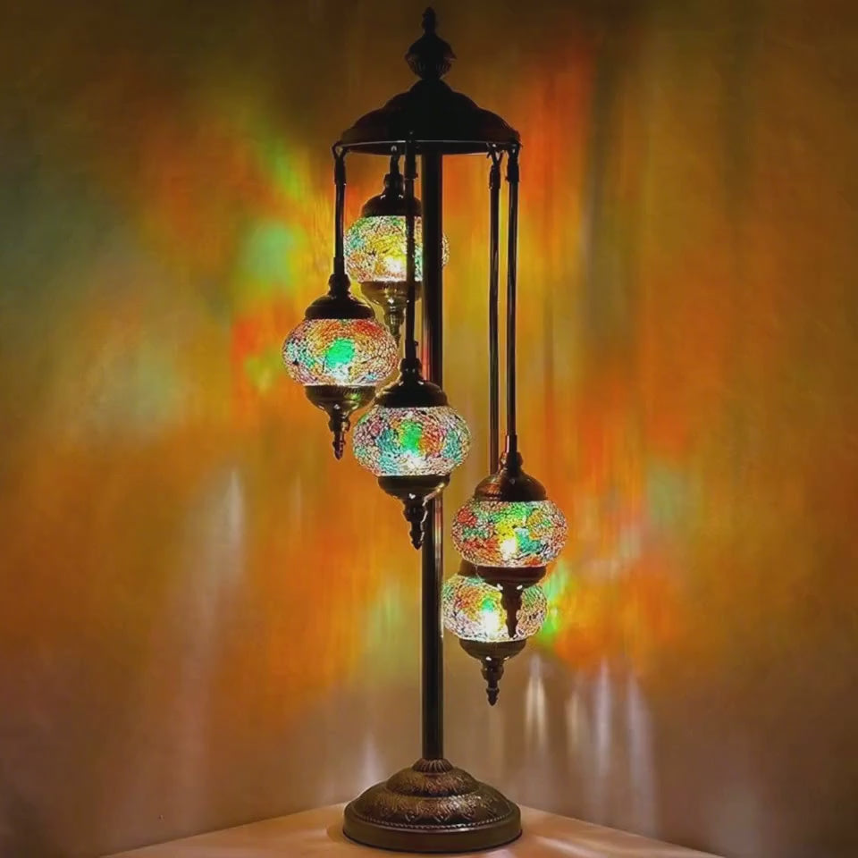 360-degree view of the Emerald Glow Turkish Mosaic Lamp with Quintuple Globes mosaic glass table lamp