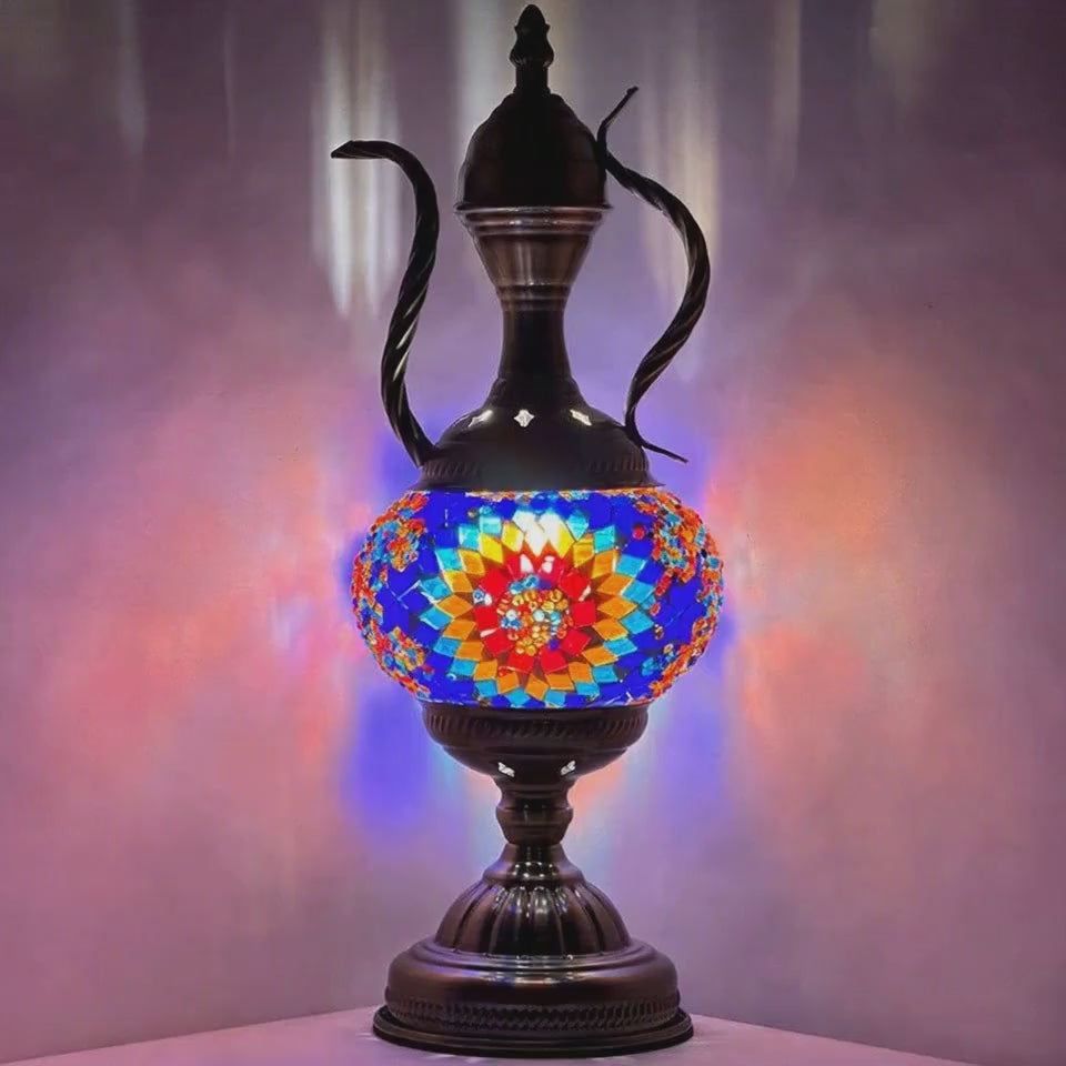 360-degree view of the Artistic Blue Sunflower Turkish mosaic glass table lamp