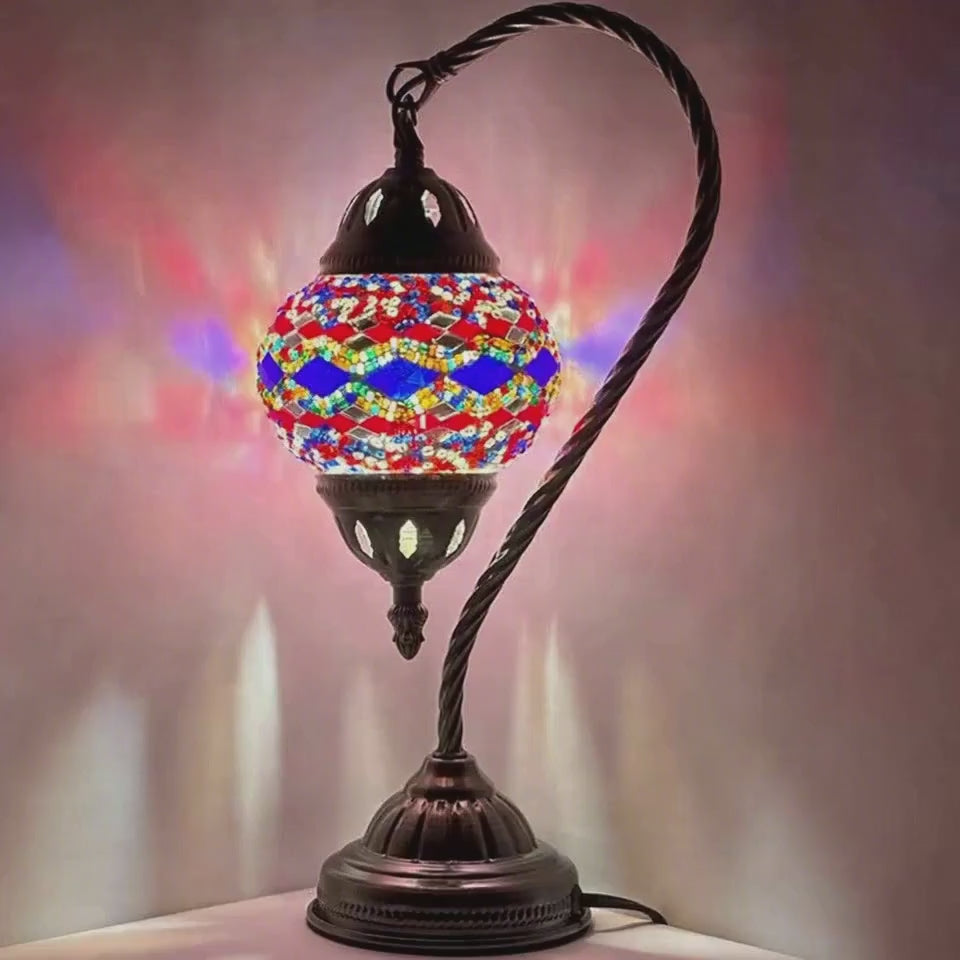 360-degree view of the Turkish Lamp with Blue & Red Diamond Patterns mosaic glass table lamp