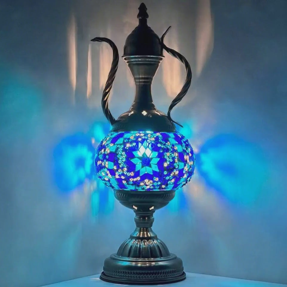 360-degree view of the Midnight Blue Turkish Lamp with Pitcher Design mosaic glass table lamp
