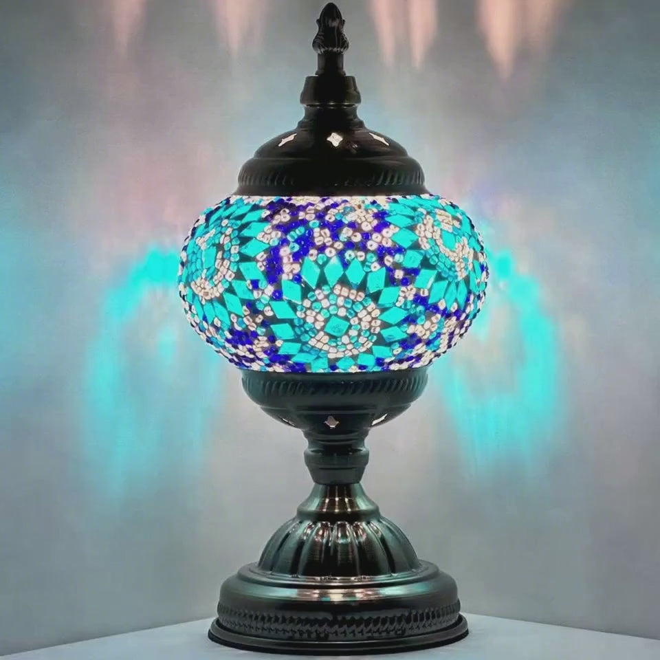 360-degree view of the Blue Pearl Fantasy mosaic glass table lamp