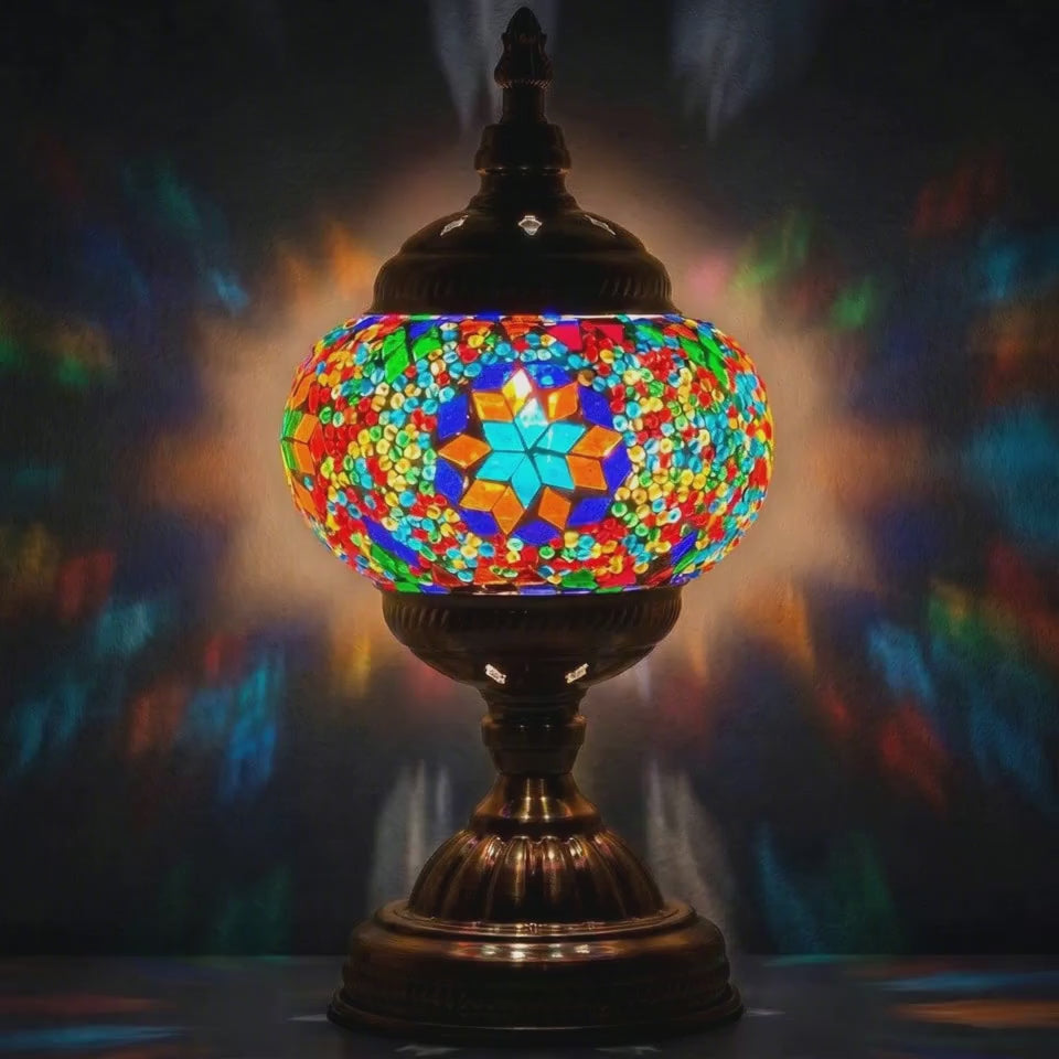 360-degree view of a handmade Turkish-style mosaic glass lamp