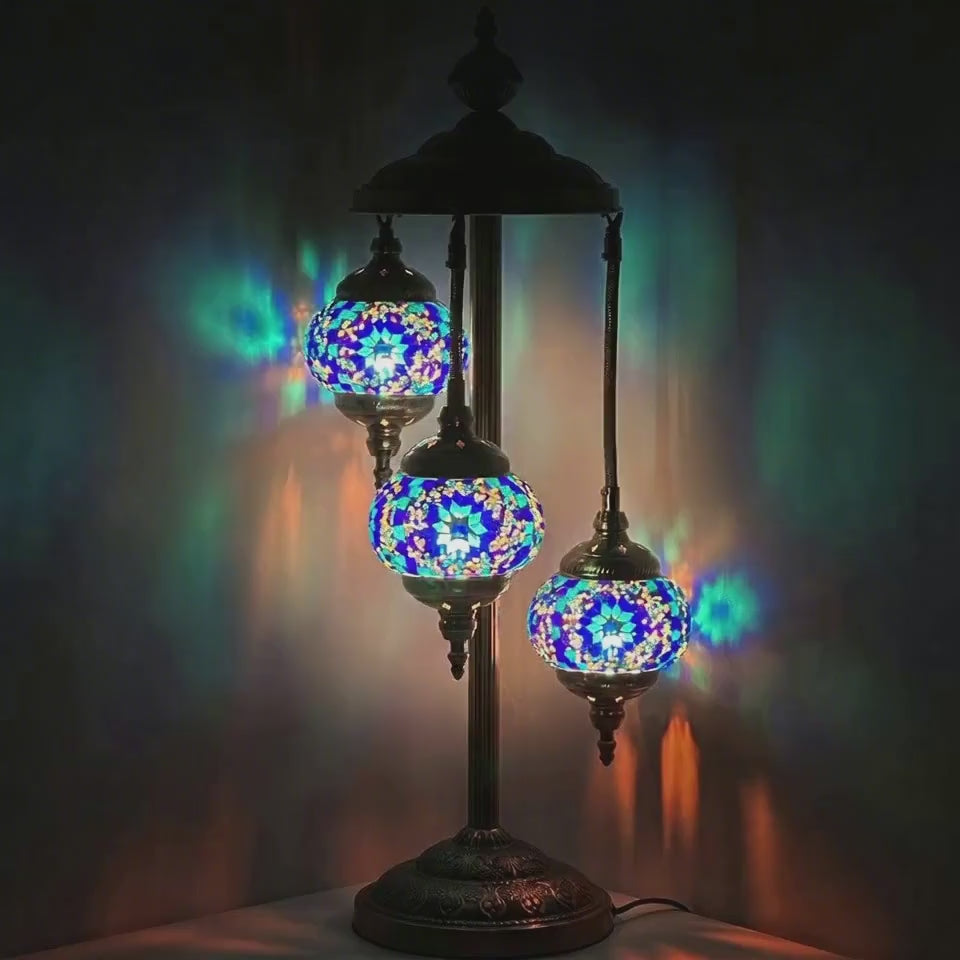 360-degree view of a handmade Turkish-style mosaic glass lamp