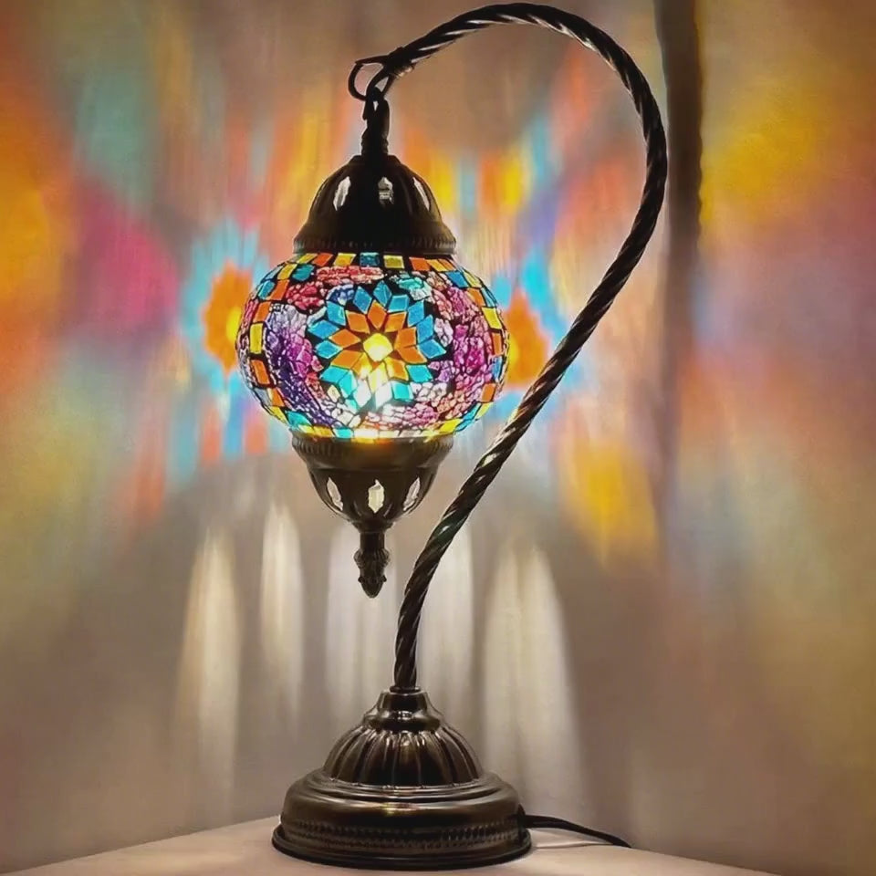 360-degree view of the Elegant Blue Sunflower Mosaic Lamp with Turkish Swan Neck Design mosaic glass table lamp