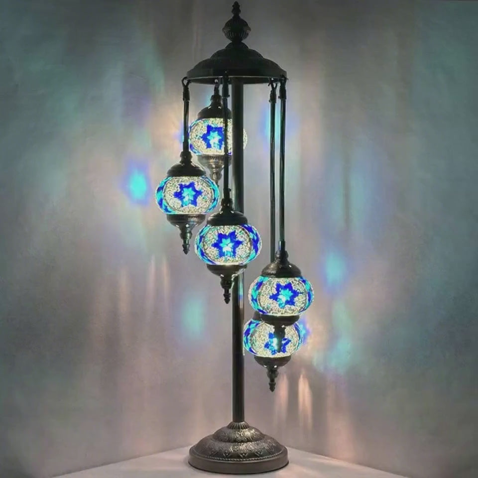 360-degree view of the Majestic Blue Turkish Floor Lamp with 5 Mosaic Globes mosaic glass table lamp