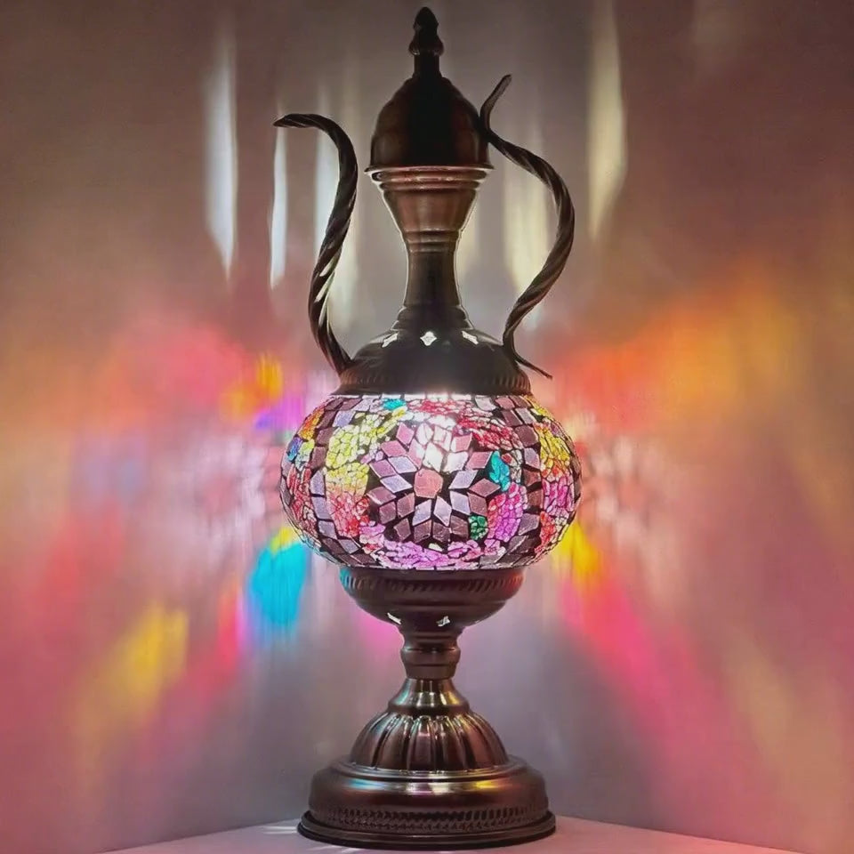 360-degree view of the Rustic Brown Turkish Table Lamp with Mosaic Pitcher Design mosaic glass table lamp