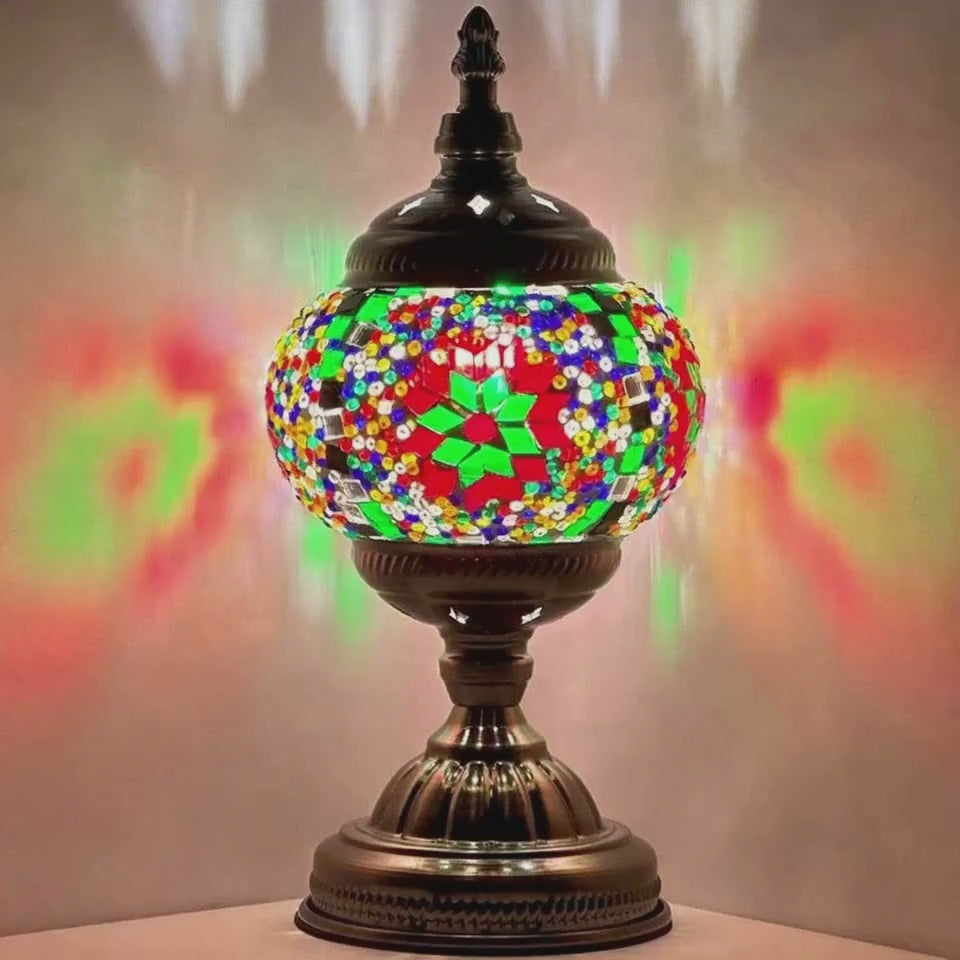 360-degree view of the Rainbow Blaze mosaic glass table lamp