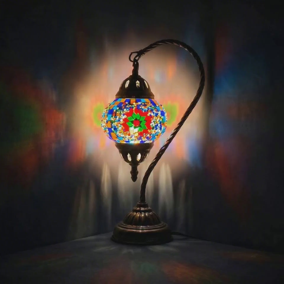 360-degree view of a handmade Turkish-style mosaic glass lamp