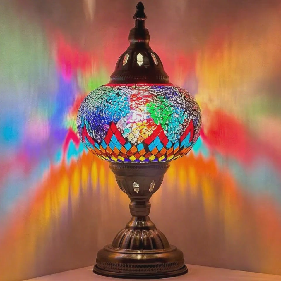 360-degree view of the Cosmic Rainbow Bridge mosaic glass table lamp