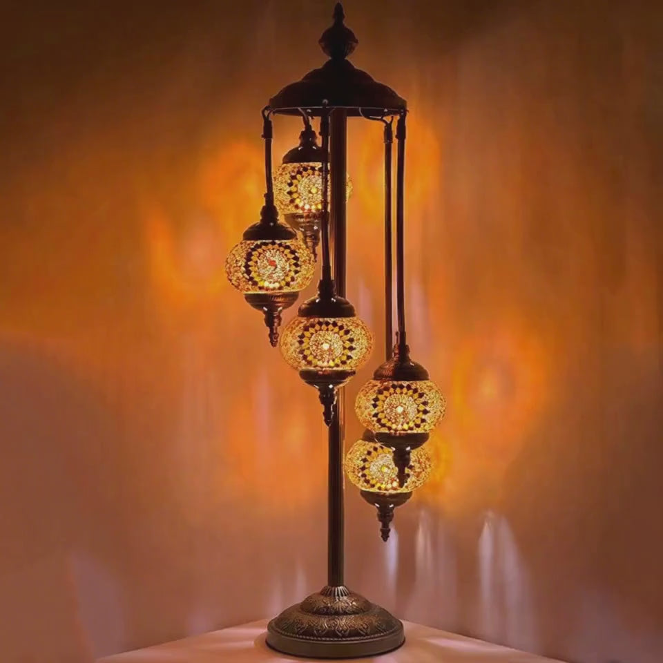 360-degree view of the Vibrant Orange Blossom Handmade Turkish Lamp with Quintuple Globes mosaic glass table lamp